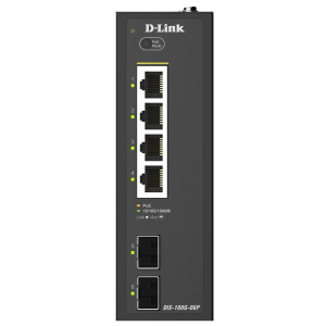 D-Link DIS-100G-06P 6-Port Unmanaged Industrial Gigabit PoE+ Switch, 2 SFP slots, Plug-and-play, Fanless, DIN-rail mount